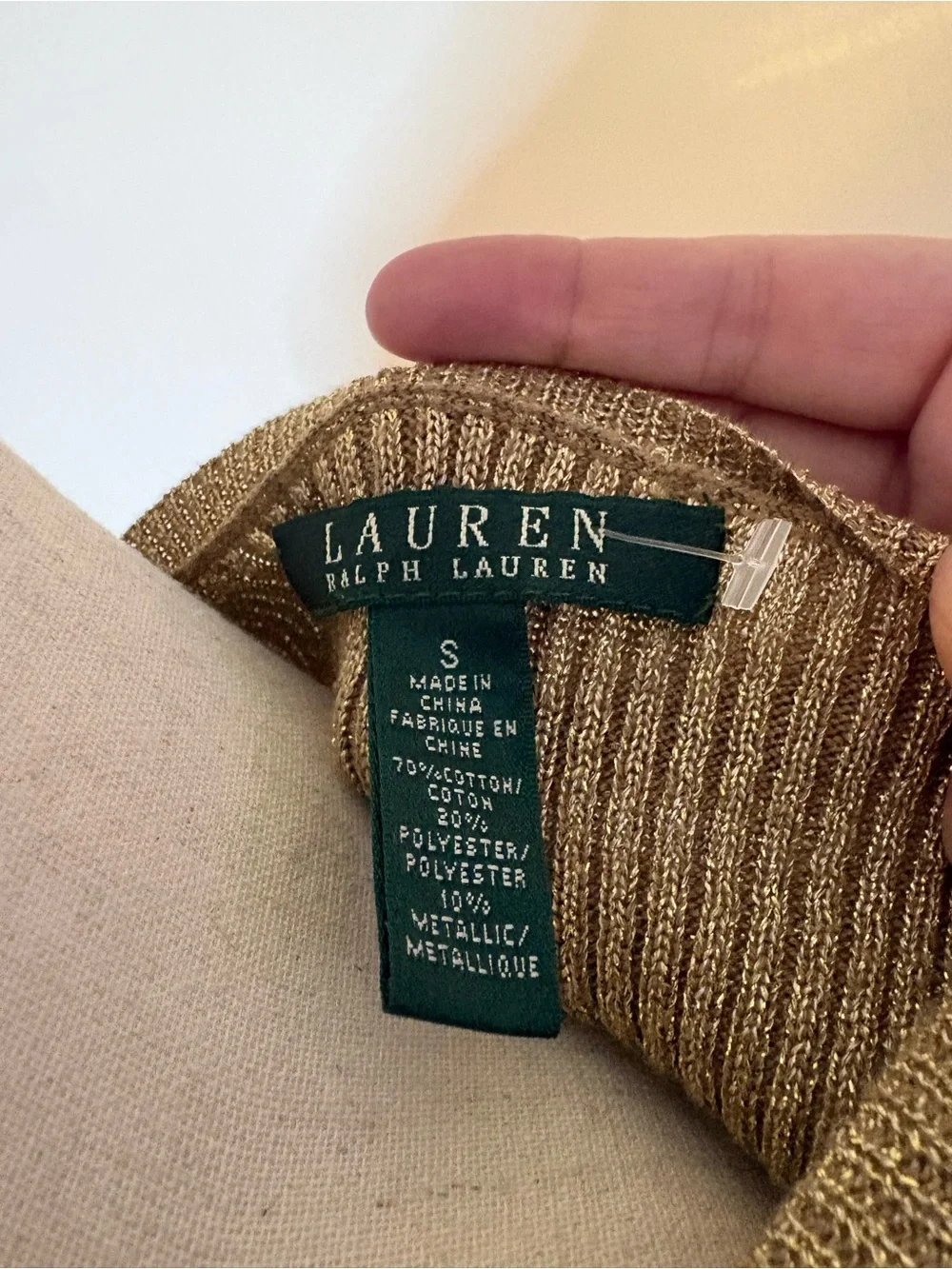 Ralph Lauren Shimmery Gold V-Neck Long Sleeve Cotton Blend Knit Top Size Small